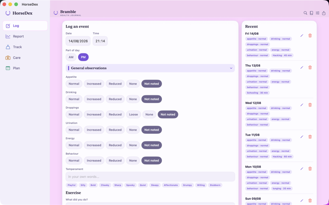 HorseDex on a Mac, with the five pages listed down the left, the log form in the middle and recent entries on the right