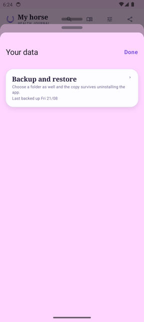 The Your data screen, showing a single Backup and restore card with a description and the date it was last backed up