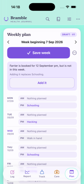 The weekly plan, with a note above it saying a farrier is booked for 12 September and is not in this week, and a button to add it