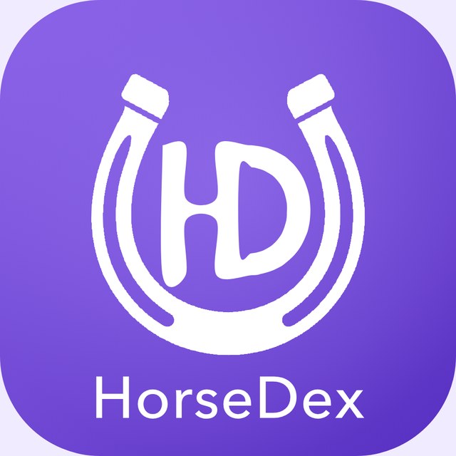 The HorseDex app icon: a white horseshoe with the letters HD inside it and the name beneath, on a purple tile.